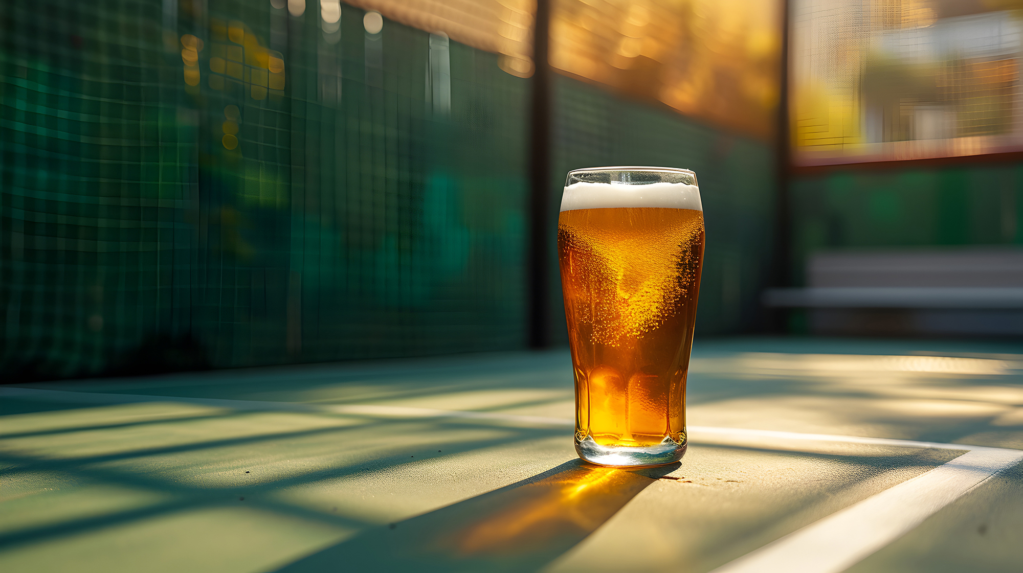 Volles Bierglas auf einem Padel Court